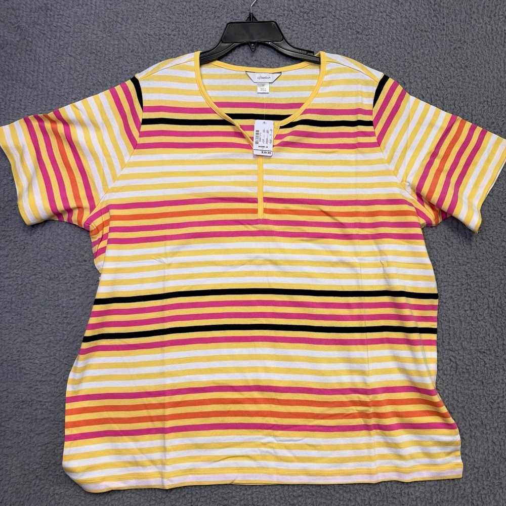 NEW CJ Banks Women's 3X Plus Size Striped Quarter Zip Top T-Shirt Yellow